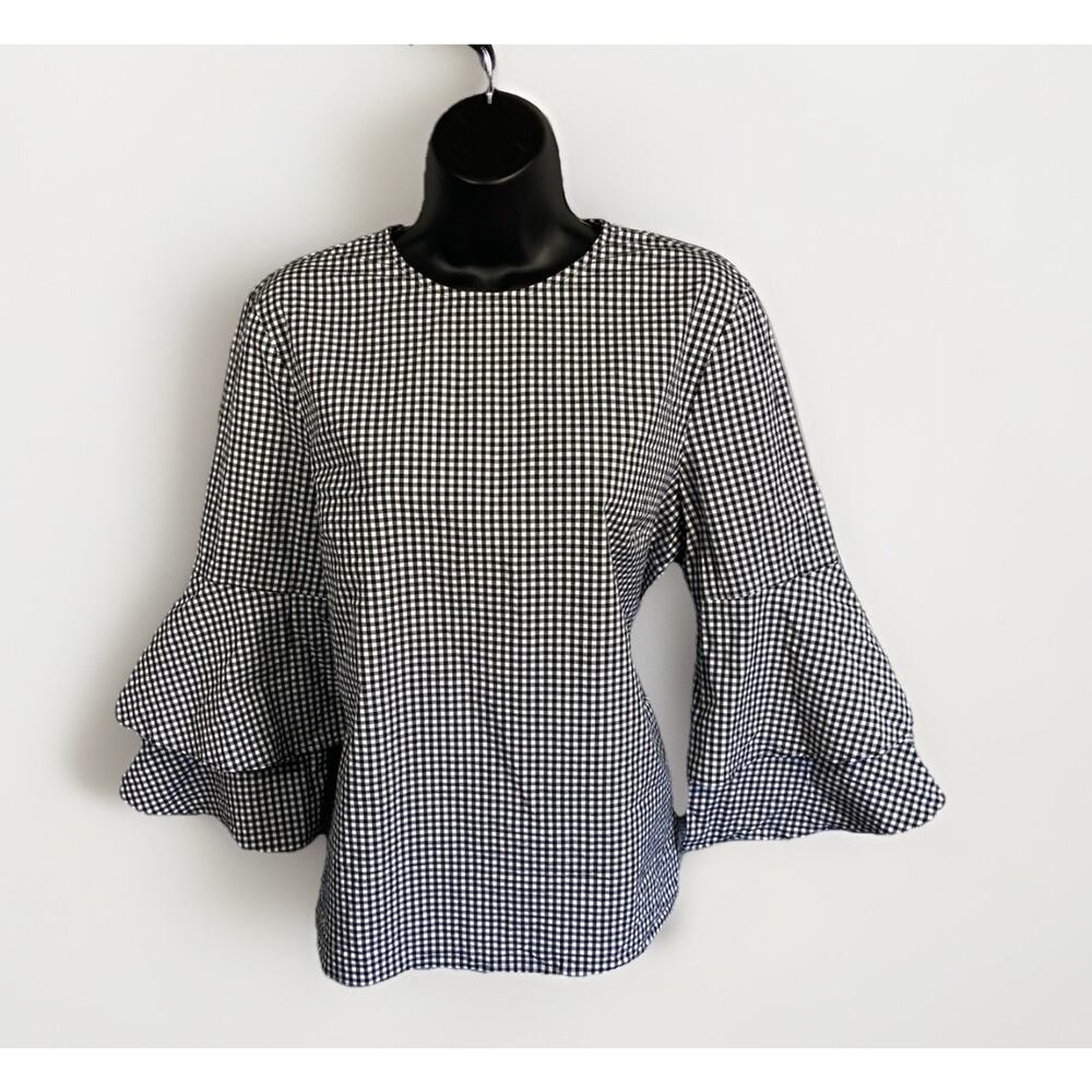 J McLaughlin Checked Blouse Women’s M Tiered Bell Sleeves